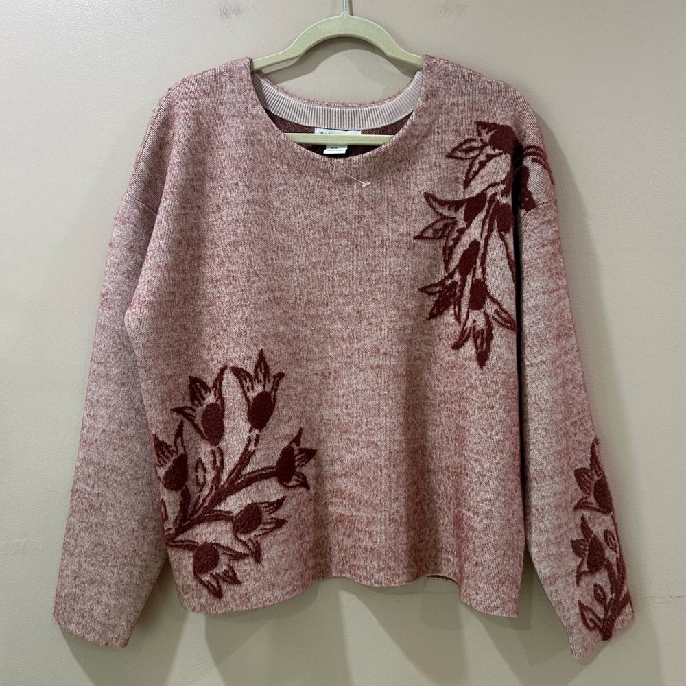 Rachel Zoe Botanical Flower Knit Pullover Sweater Top Brick  Crew Neck Womens XL